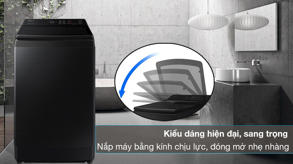 Máy giặt Samsung 12kg WA12CG5745BVSV - Kiểu dáng hiện đại, nắp máy bằng kính chịu lực sang trọng, đóng mở nhẹ nhàng