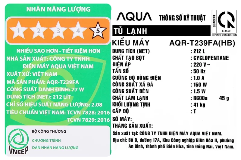 Tủ lạnh Aqua Inverter 212 lít AQR-T239FA HB (2 cánh)