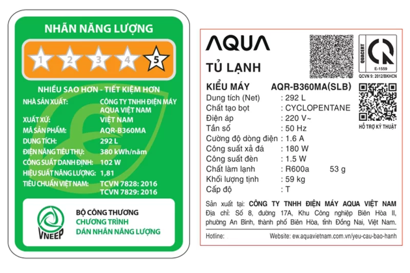 Tủ lạnh Aqua Inverter 292 lít AQR-B360MA(SLB) (2 cánh)