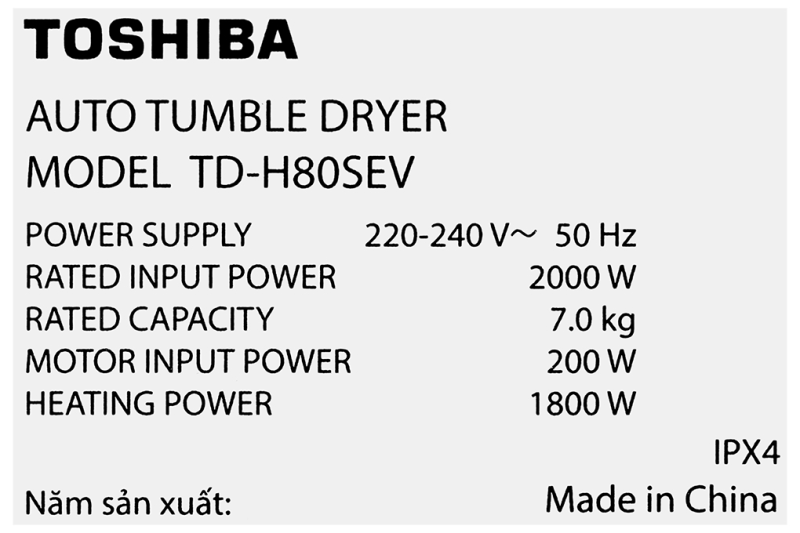 Máy sấy thông hơi 7 kg Toshiba TD-H80SEV(SK)