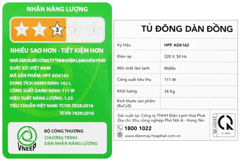 Tủ đông Hòa Phát 1 ngăn 1 chế độ đông HPF AD6162 (162 lít)