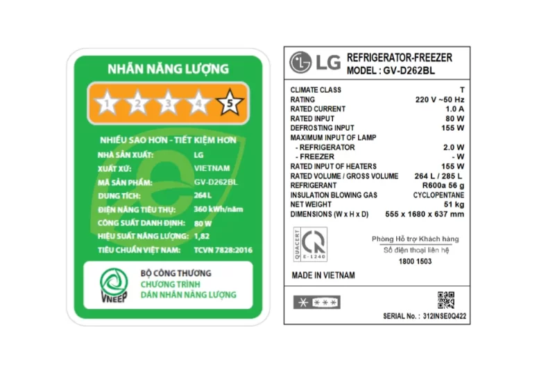 Tủ lạnh LG Inverter 264 lít GV-D262BL (2 cánh)